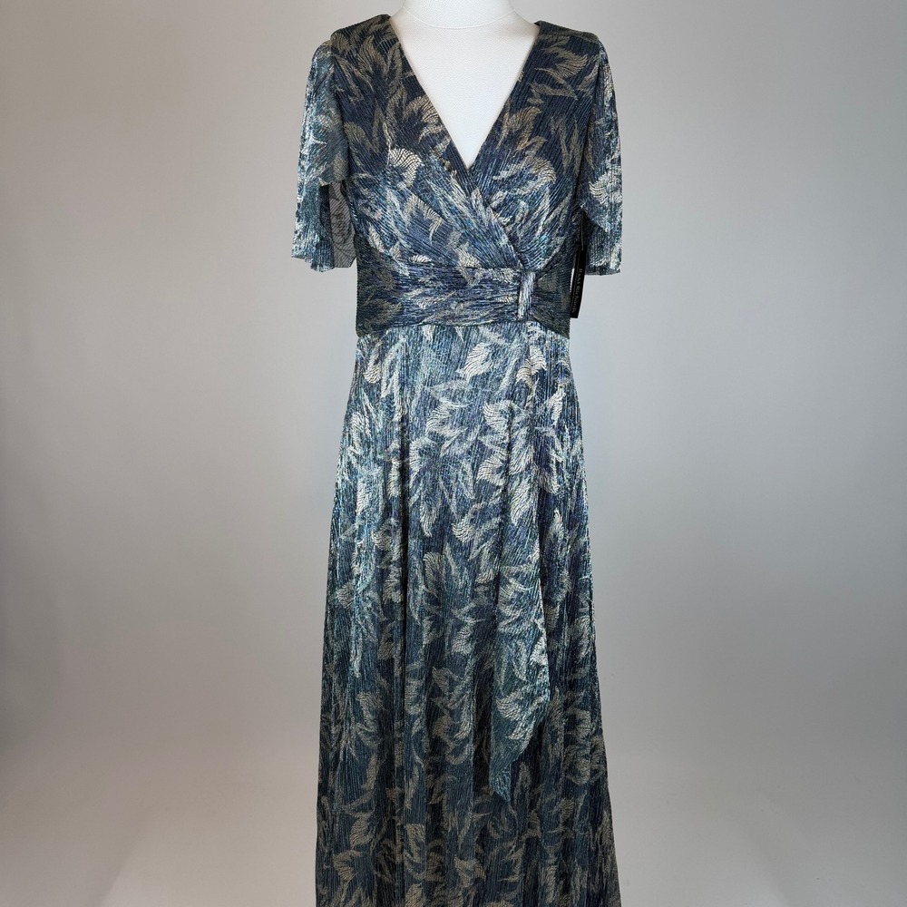 NWT R&M Richards Blue Gold Leaf Metallic Pleated Flutter Sleeve Dress Gown Sz 6 - Picture 3 of 14